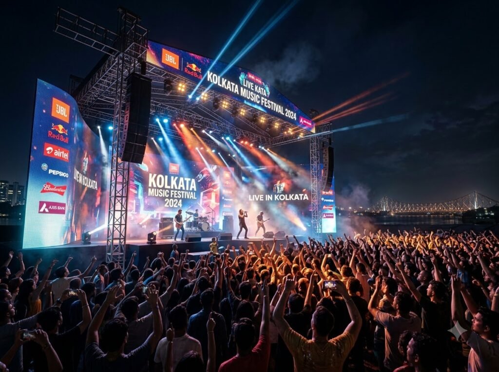 Kolkata music event sponsorship showing stage, audience, sponsor proposal and brand partnership planning by MedNovera.
