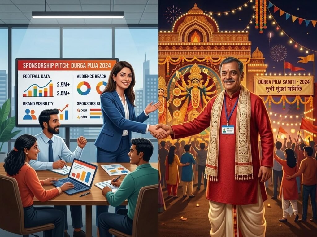 Durga Puja Sponsorship in Kolkata: A Complete Guide for Puja Committees & Brands Durga Puja event sponsorship in Kolkata with sponsor proposal, brand visibility plan and community engagement strategy.